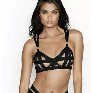 Victoria's Secret Luxe Unlined Balconet Strappy‎ Banded Caged Bra Black 34D NWT